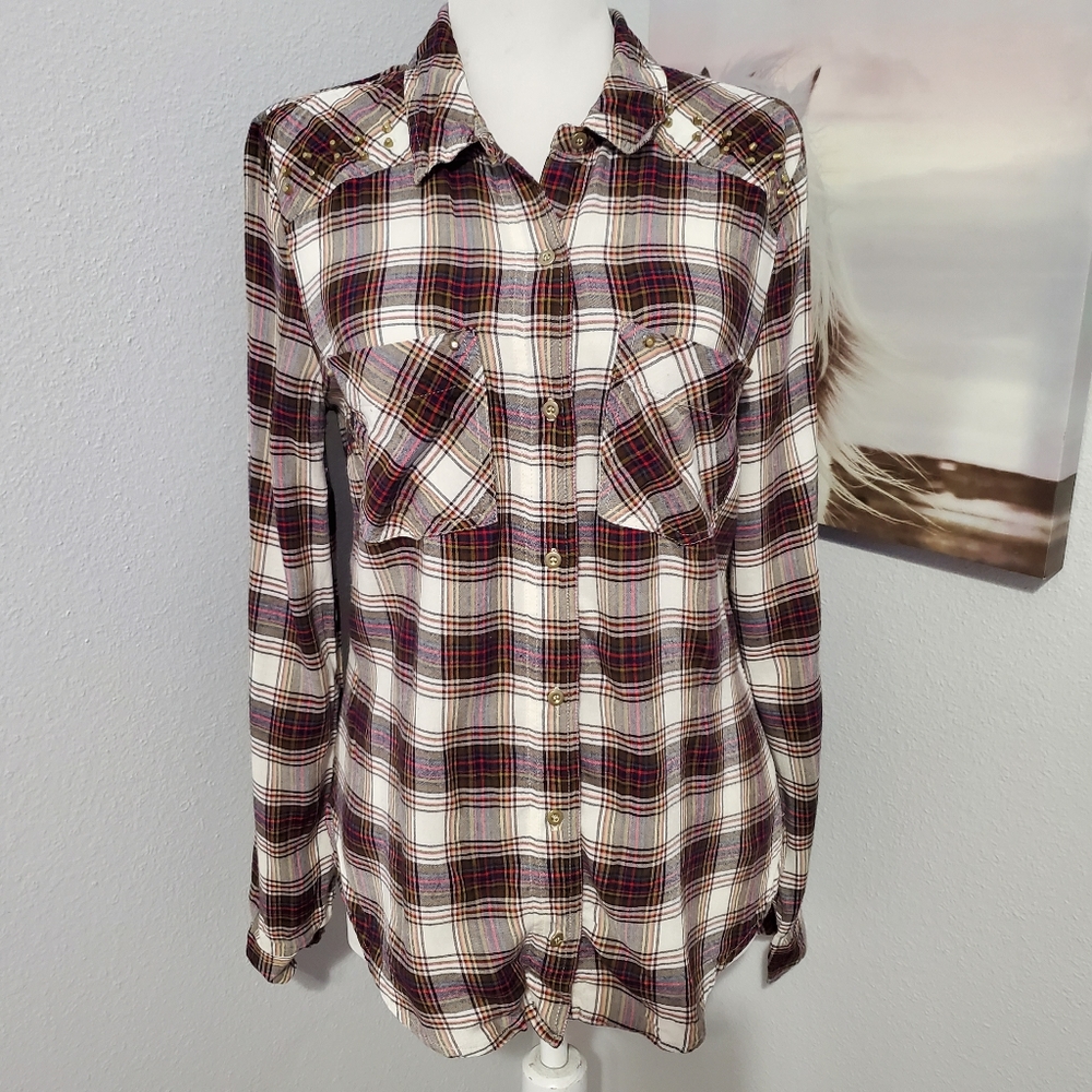 Jessica Simpson Plaid Embellished Top Size Medium